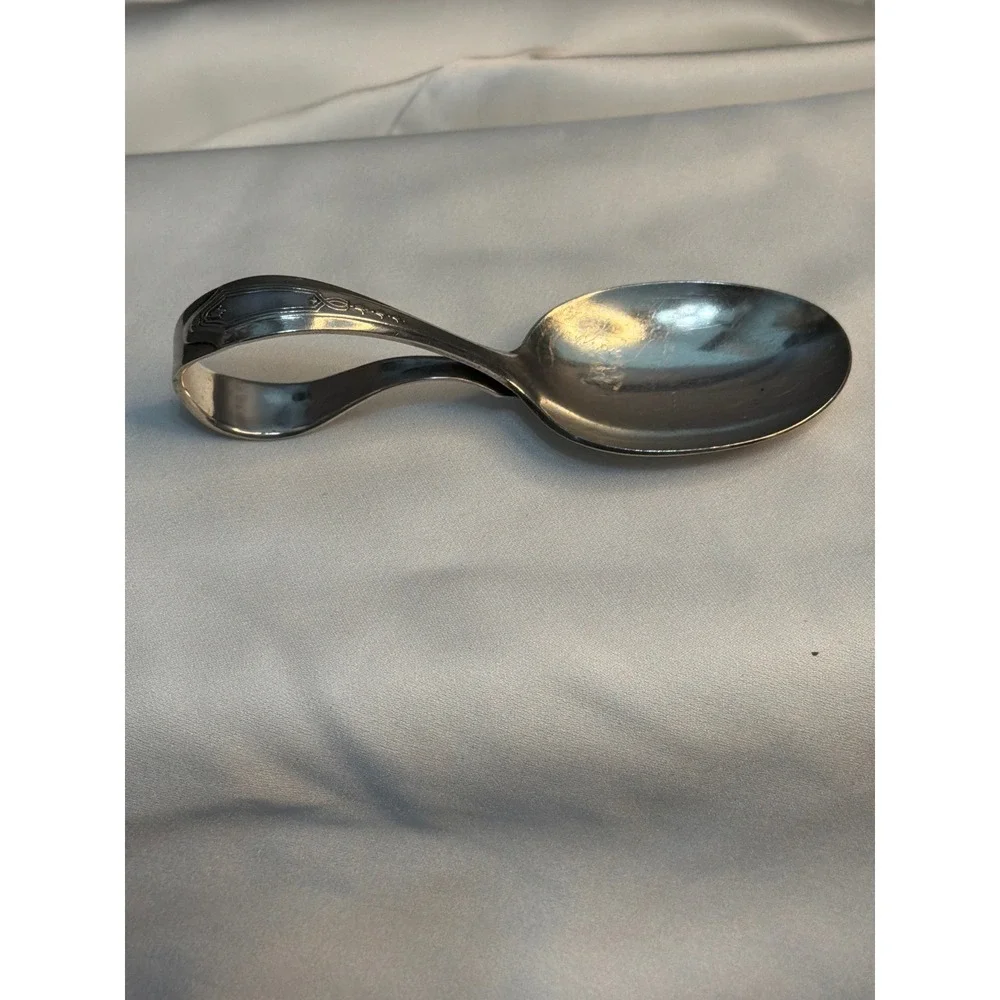 Vintage Oneida Community Silver Plate Loop Handle Baby Spoon Art Deco Pattern